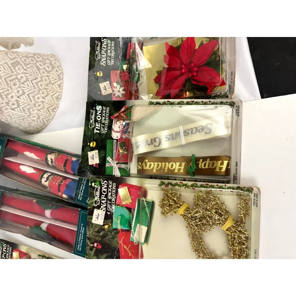 VTG Christmas Decoration Lot Bundle Tablecloth Ornaments Snap-Ons‎ Tie-Ons Decor